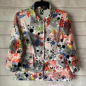 Sportelle Multi-Color Blazer Jacket 3/4 Sleeves Button Up Floral Text Size M